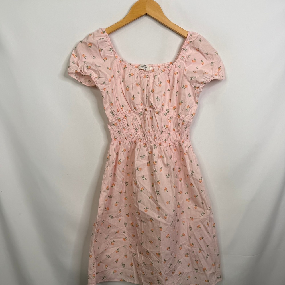 HM Girls Pink Peach Print Puff Sleeve Cotton Dress Size 18 Smocked Waist - Picture 6 of 8